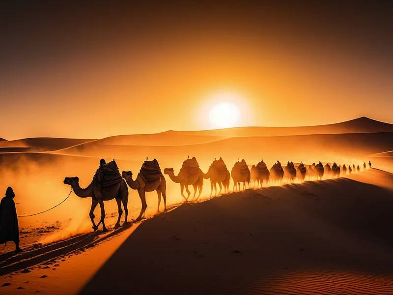 Kamelkarawane in der Wüste während des Sonnenuntergangs.