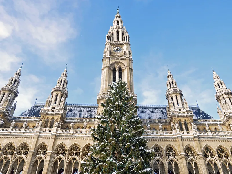 Historisches Gebäude mit Turm und schneebedecktem Weihnachtsbaum davor.