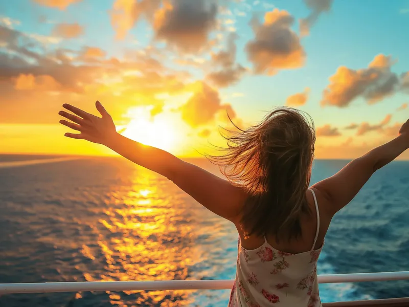Person auf einem Schiff schaut mit ausgebreiteten Armen in den Sonnenuntergang über dem Meer.
