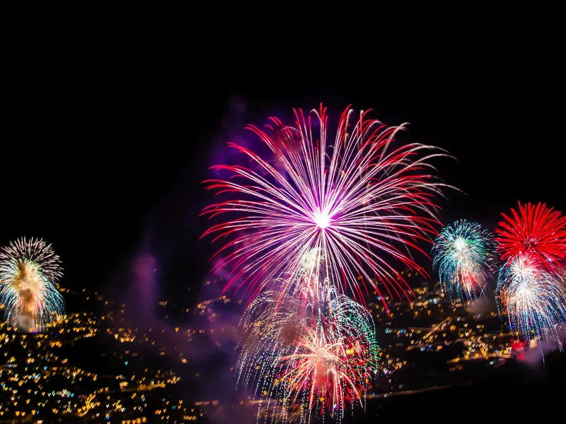 Ein Feuerwerk erleuchtet den Nachthimmel über einer Stadt.