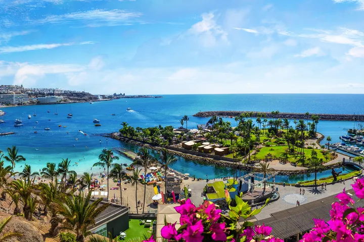 © Balate Dorin - stock.adobe.com Strand und Hafen mit Palmen und blauem Meer an sonnigem Tag.