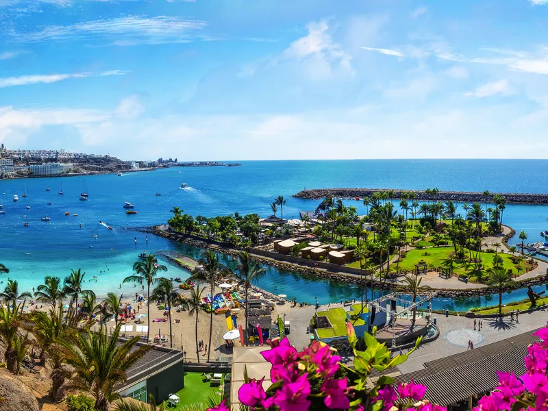 Strand und Hafen mit Palmen und blauem Meer an sonnigem Tag.