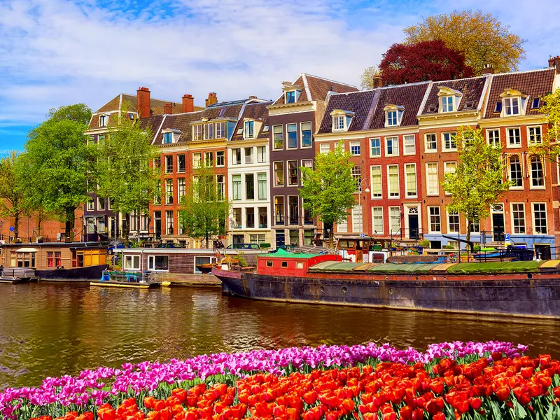 Kanalanlage in Amsterdam mit bunten Blumen und traditionellen Häusern im Hintergrund.