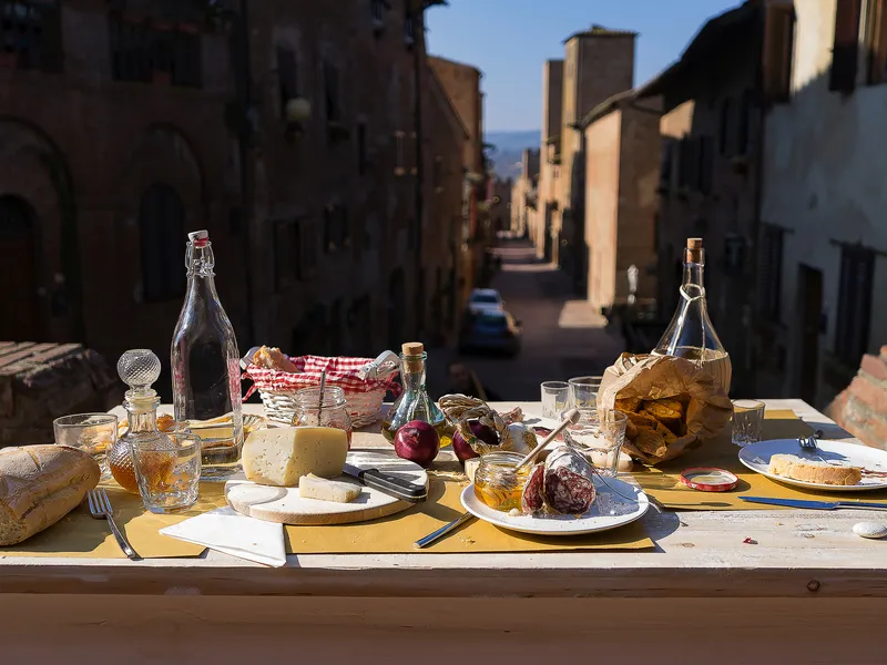 Tisch mit Käse, Brot und Wein in einer gepflasterten Gasse einer historischen Stadt.