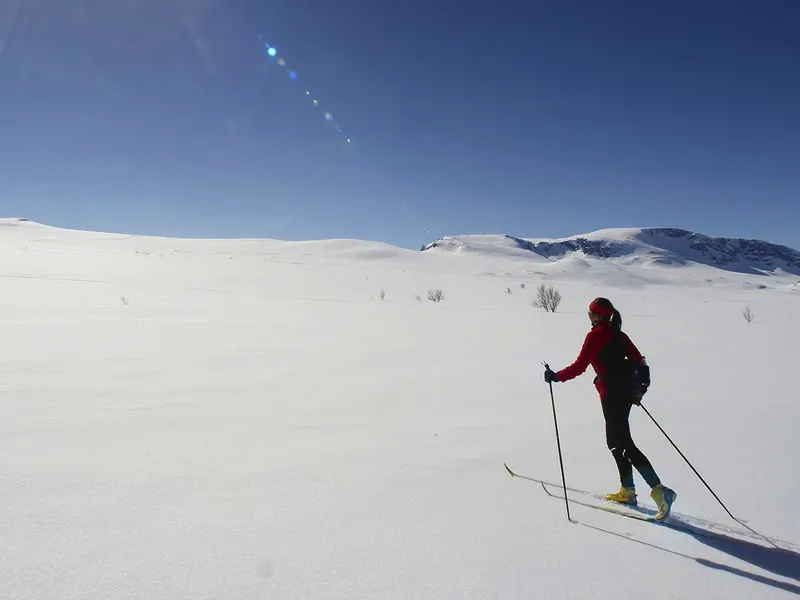 Person beim Skilanglauf in einer winterlichen Schneelandschaft im Skigebiet Geilo, Norwegen.