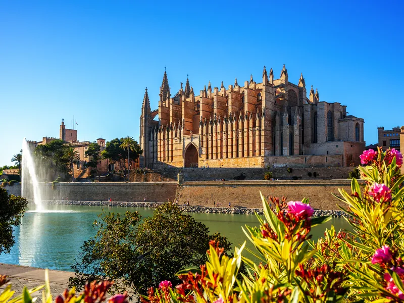 Kathedrale von Palma de Mallorca mit einer blühenden Umgebung und einem See im Vordergrund.